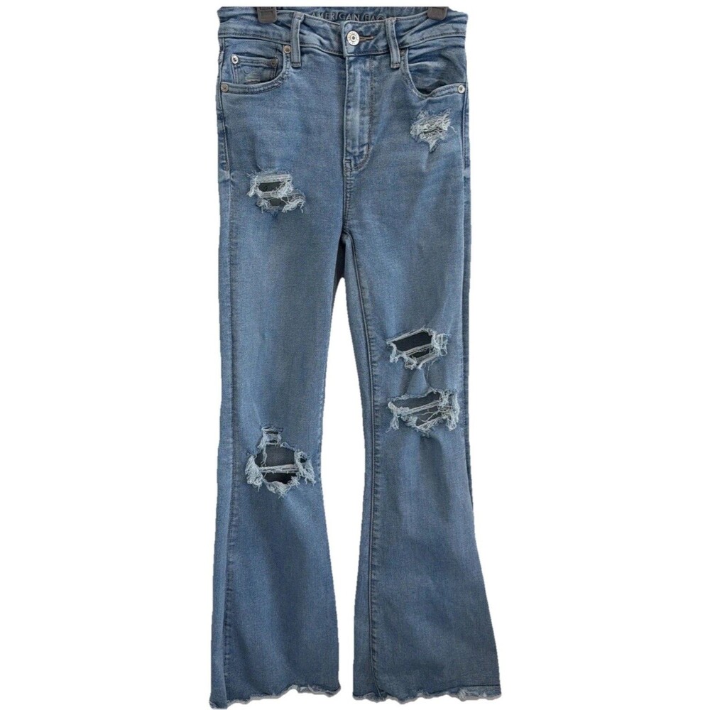 American Eagle Womens Sz 0 High Waisted Distressed Flare Jeans Light Wash Faded